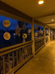 holiday decorations on walkway bridge