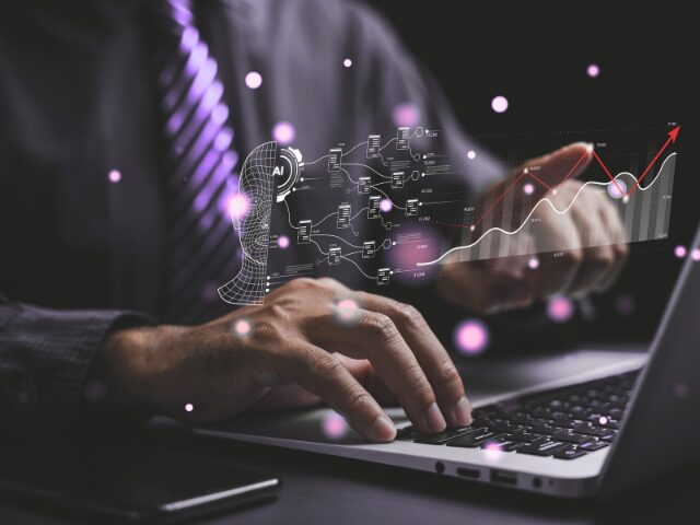 person typing on computer with text